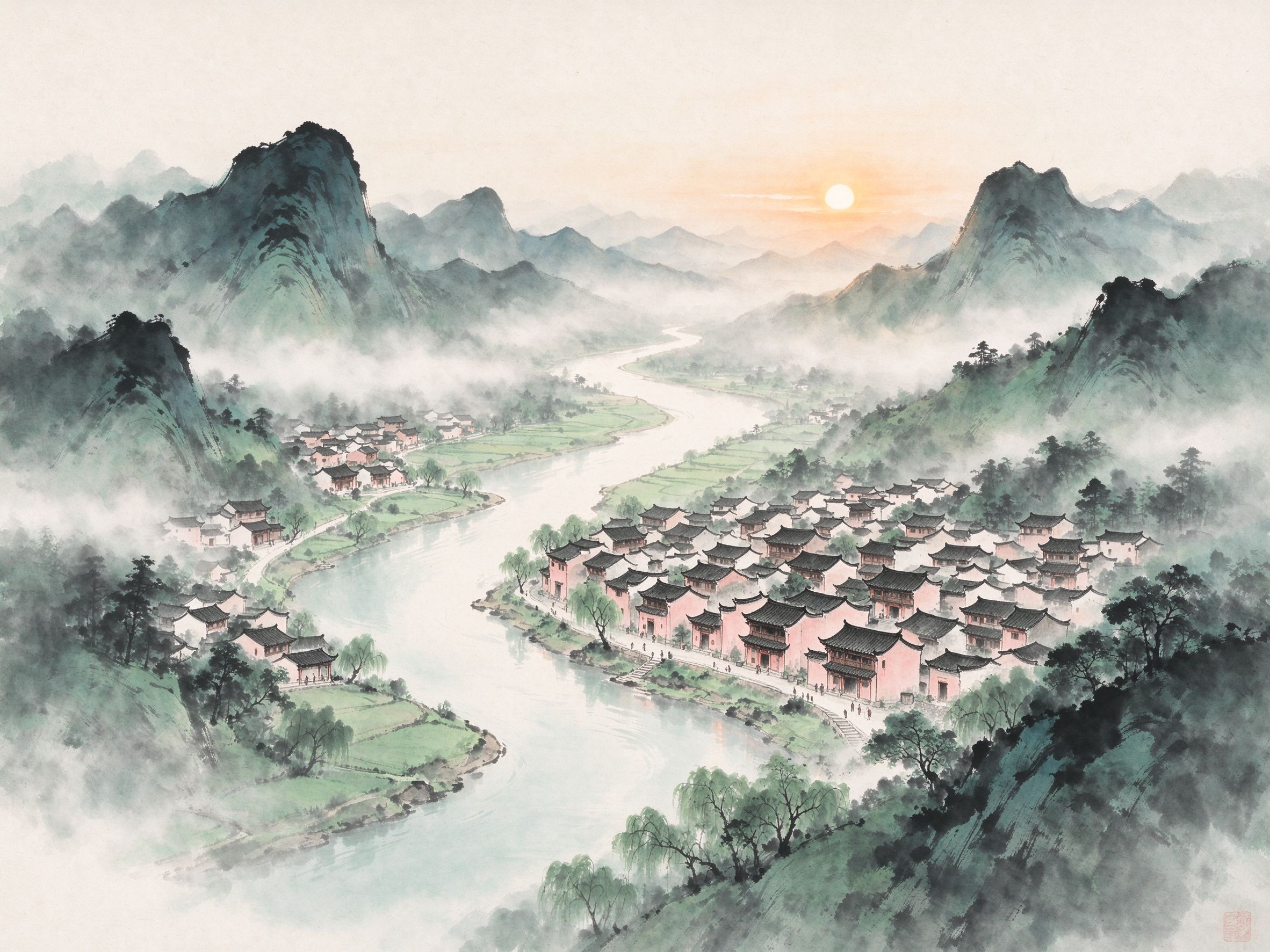 文旅规策划 - 山水古镇鸟瞰